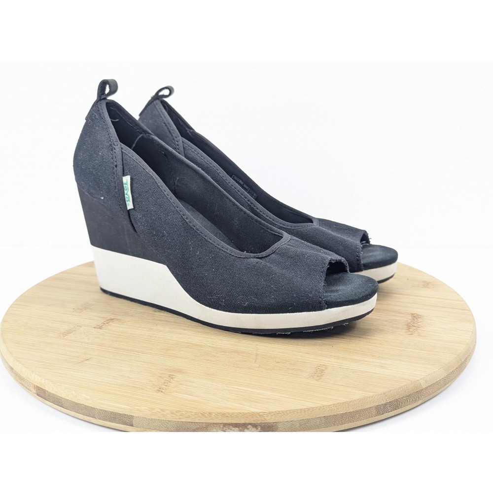 Teva Wedge Heel Womens 8 Peep Toe Slip On Black Mush Promenade Canvas‎